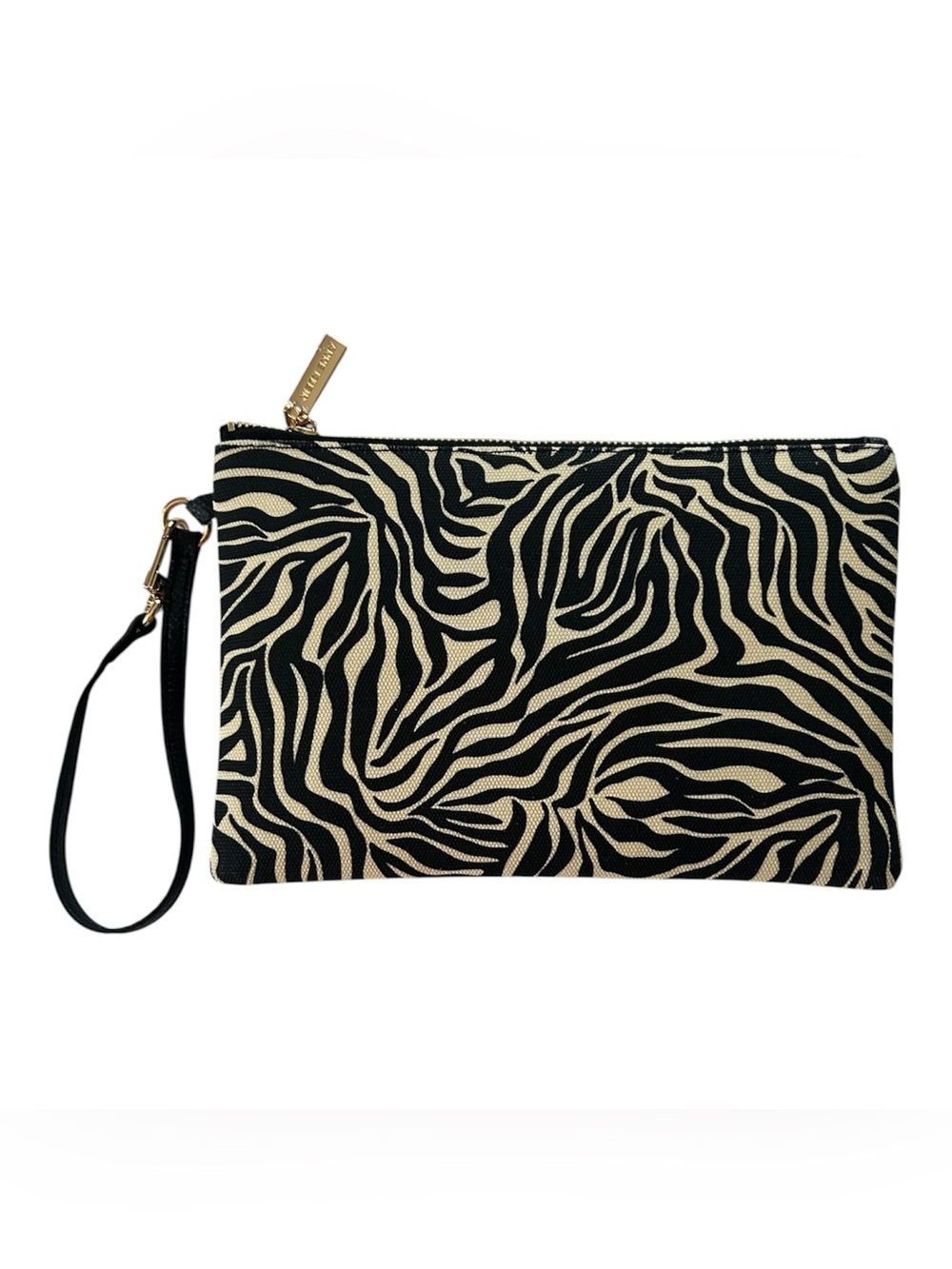 Anne Klein Zebra Print Wristlet Zip Pouch Clutch - Black & Cream